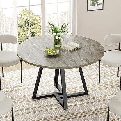 IRONCK 43" Round Dining Table for 4, Wood Kitchen Table with Metal Base, Space Saving Industrial Circle Dinner Table for Kitchen Dining Room, Gray