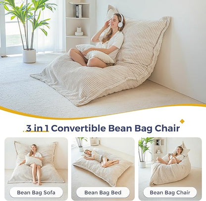 MAXYOYO Giant Bean Bag Chair with Pillow, 3 in 1 Convertible Bean Bag Chair for Adults with Washable Cover, Removable Floor Cushion Stuffed Floor Lounger for Living Room Bedroom, White, Full