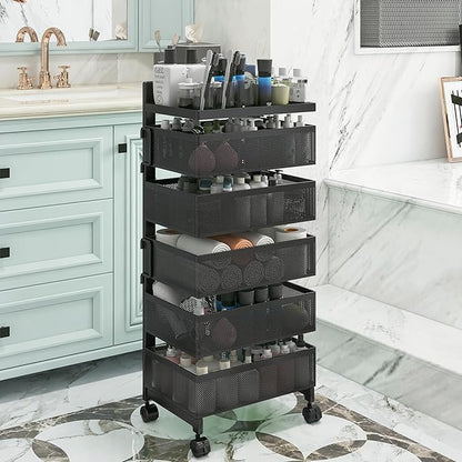 Rolling Rotating Storage Cart No Assembly Required，Bathroom Shelf Fruit and Vegetable Basket for Kitchen,Storage Drawer Organizer Cart ，Metal Utility cart on Wheels(Black, 5 Tier-Square)