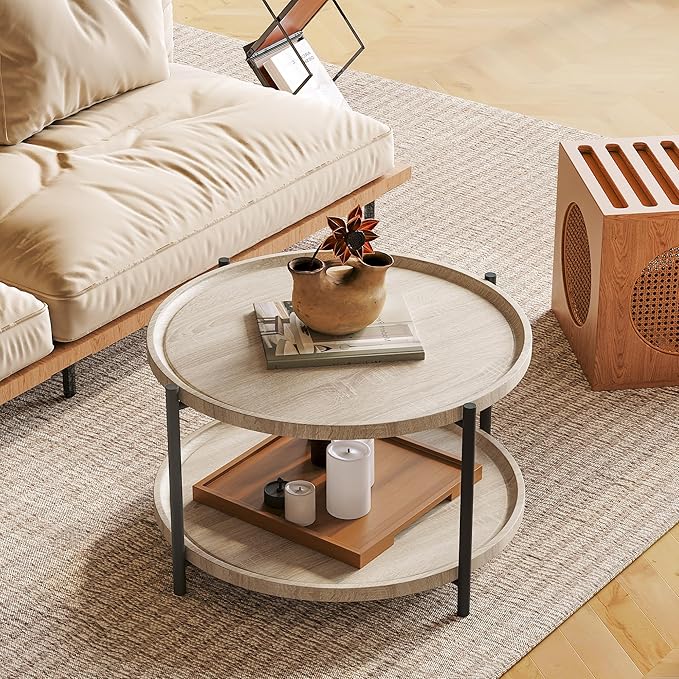 Round Coffee Table for Living Room, Rustic Wood Desktop Center Table with Sturdy Metal Legs, 2-Tier Circle Coffee Table with Storage Shelf, Small Space Center Sofa Table, Modern Home Furniture
