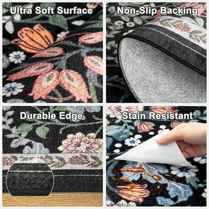 Runner Rug for Entryway: 2x10 Kitchen Rugs Non Slip Washable Ultra Soft Floral Carpet Indoor Stain Resistant Carpets for Hallway Bedroom Kitchen Laundry Bathroom Dorm Dark Black