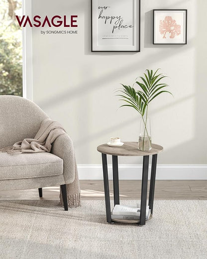 VASAGLE End Table, Round Side Table with Storage Shelf, Easy Assembly, Industrial Accent Furniture with Steel Frame, Heather Greige and Black ULET057B02