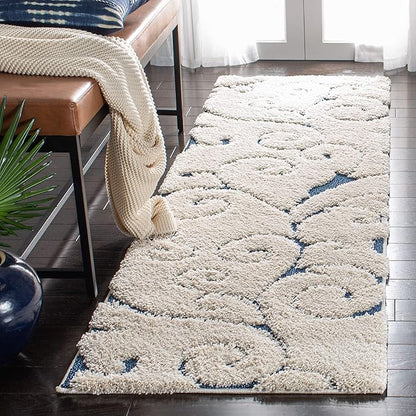 SAFAVIEH Florida Shag Collection Runner Rug - 2'3" x 7', Cream & Blue, Scroll Design, Non-Shedding & Easy Care, 1.2-inch Thick Ideal for High Traffic Areas in Living Room, Bedroom (SG455-1165)