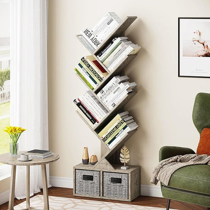 Vagusicc 6 Tier Tree Bookshelf, Small Bookcase with Storage Cabinet, Modern Tall Narrow Bookshelves Organizer, Floor Standing Book Shelf for Bedroom/Living Room/Home Office/Corner, Rustic Greige