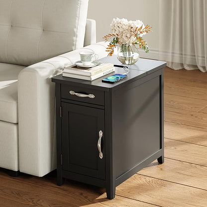 LINSY HOME End Table Set of 2 with Charging Station, Modern Farmhouse Sofa Couch Side Table, Wooden Bedside Table for Living Room Bedroom, Narrow Nightstand with Storage for Small Space, Black