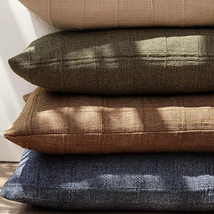 Foindtower Set of 2 Decorative Linen Check Throw Pillow Covers Neutral Farmhouse Lumbar Cushion Covers Modern Boho Home Decor for Sofa Chair Couch Bedroom Living Room Outdoor,12×20 Inch,Brick