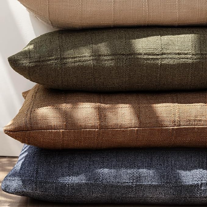 Foindtower Set of 2 Decorative Linen Check Throw Pillow Covers Neutral Farmhouse Vintage Cushion Covers Modern Boho Home Decor for Sofa Chair Couch Bedroom Living Room Outdoor,16×16 Inch,Brick