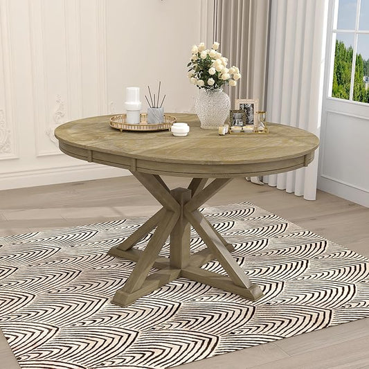 Retro Style Round Dining Table with 12" Removable Leaf for Kitchen/Living Room, Space-saving Solid Wood Tabletop Extendable Circular to Oval (42" to 54") with X-shaped Base Legs for Apartment Bistro