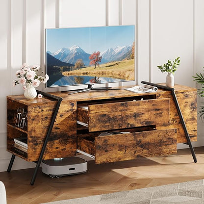 GarveeHome TV Stand for 47 Inch TV, Entertainment Center with 2 Drawers, Adjustable Shelves, U-Shaped Metal Legs, Farmhouse Wooden TV Console for Living Room, Bedroom, Amber Oak