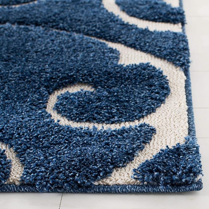 SAFAVIEH Florida Shag Collection Area Rug - 9' Square, Dark Blue & Cream, Scroll Design, Non-Shedding & Easy Care, 1.2-inch Thick Ideal for High Traffic Areas in Living Room, Bedroom (SG455-6511)