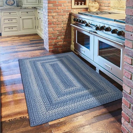 Homespice Denim Premium Jute Braided Area Rug, 2x6' Rectangular Hall Runner Blue - Navy - White, Natural Jute Yarn Rustic, Country, Primitive, Farmhouse Style - 30 Day Risk Free Purchase