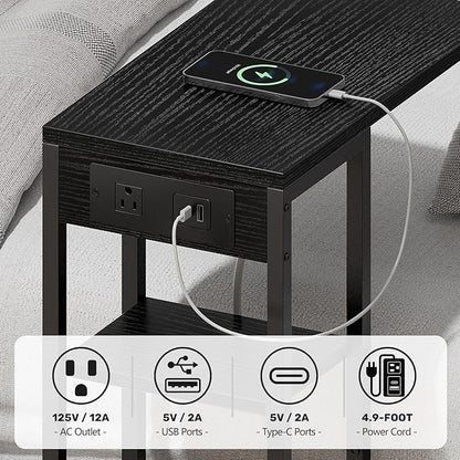 C Shaped End Table with Charging Station, Small Side Table for Couch Recliner, Slide Under Sofa Desk Snack Tables with Storage Bag & AC / USB Outlet, Small Spaces Drink Tables for Living Room, Bedroom