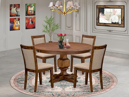 F3MZ5-50N-04 5-Pc Dining Room Set consists of a Pedestal Kitchen Table and 4 Light Tan Polyester Chairs with Padded Back - Antique Walnut