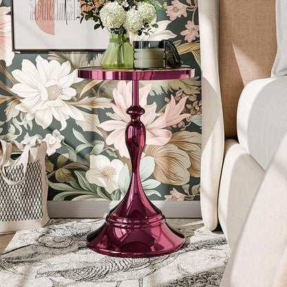 HOMES: Inside + Out Halric Modern 24" Tall Round End Table with Decorated Tabletop and Iron Metal Base, Accent Furniture, Elegant Pedestal Stand for Living Room, Home Office, Chrome Purple