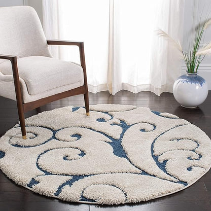 SAFAVIEH Florida Shag Collection Area Rug - 5' Round, Cream & Blue, Scroll Design, Non-Shedding & Easy Care, 1.2-inch Thick Ideal for High Traffic Areas in Living Room, Bedroom (SG455-1165)