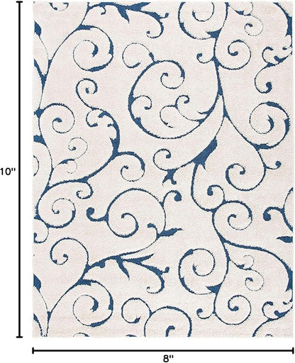 SAFAVIEH Area Rug 8x10 - Florida Shag Collection - Large - Cream & Blue, Scroll Design, Non-Shedding & Easy Cleaning, Plush Thick Pile, Ideal for Living Room, Bedroom, Dining Space (SG455-1165)