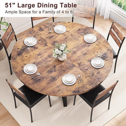 Round Dining Table Set for 6, Kitchen Table and Chairs for 4, Circle Table Round Pedestal Dining Room Dinner Dinette Table Set,5 Piece Space Saving Wood Kitchen & Dining Room Tables (Vintage, 51In)