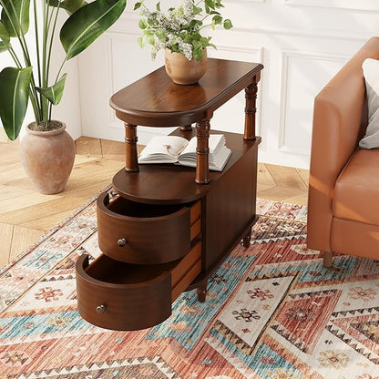 Wood End Table with 2 Drawers and Storage Shelf, Narrow Sofa Side Table for Living Room, Vintage Slim Nightstand Bedside Table for Bedroom, Slim Chair Side Table Cherry Walnut BG-A508-CY