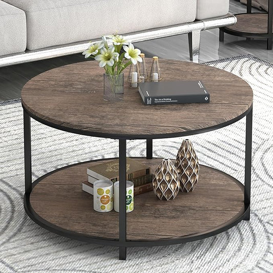 NSdirect Round Coffee Table, 27.5" Small Coffee Table for Living Room,2-Tier Rustic Wood Desktop with Storage Shelf Modern Design Home Furniture(Light Walnut)