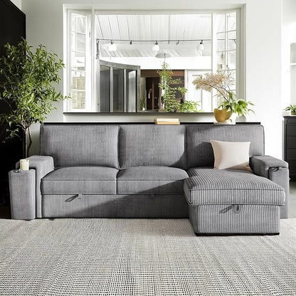 96.1 Inch L-Shaped Convertible Sectional Sleeper Sofa with Pull Out Bed, Storage Bags and 2 Hidden Cup Holders on Arms, Upholstered Corner Couch for Living Room Office Apartment, Gray