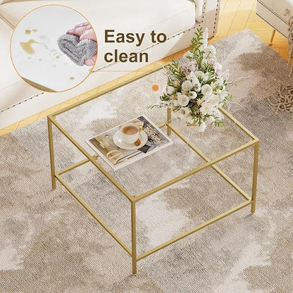 Glass Coffee Table, Modern Square Coffee Table for Living Room, Minimalist Center Tea Table with Sturdy Metal Frame for Apartment, Office, Easy Assembly, 27.6 x 27.6 x 17.7 Inches, Golden