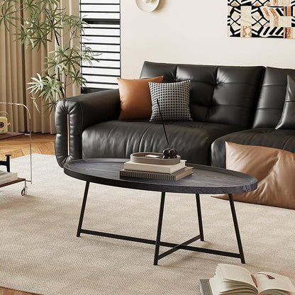 Modern Coffee Table, Oval Wood Coffee Tables Center Table with Metal Leg for Living Room, 47 Inch Table Accent Furniture (Oval Coffee Table, Black)