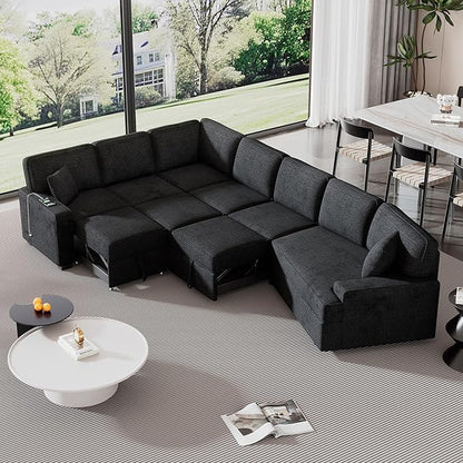 126" Extra Large Pull-Out Sofa Bed with Drop-Down Cup Holder Tables,L-Shaped Sectional Couch W/Charging Device,Convenient Sleeper Furniture Set for LivingRoom Apartment,Beige Chenille