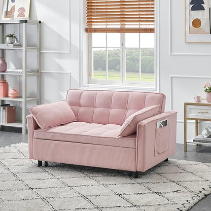 Ball & Cast Convertible Sofa Bed,Loveseat Sleeper Sofa W/Pull-Out Bed,Convertible Pull Out Couch W/2 Pillows,Adjustable Backrest&Side Pocket,Corduroy Futon Couches for Living Room,Apartment,Pink,54"