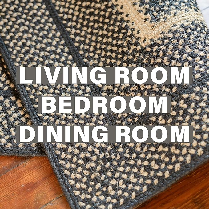 Homespice Manchester Black Braided Area Rugs, Jute, 8x10' Rectangle - Perfect Country Primitive Decor for Dining Room, Bedroom, Everywhere