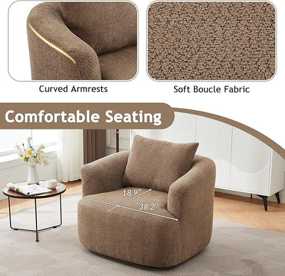 Merax Modern Cozy Chenille 360° Swivel Sofa Chair with a Throw Pillow, 38.2" Upholstered Leisure Barrel Accent Armchair with Deep Seating for Living Room Bedroom,Office, Hotel, Dark Brown
