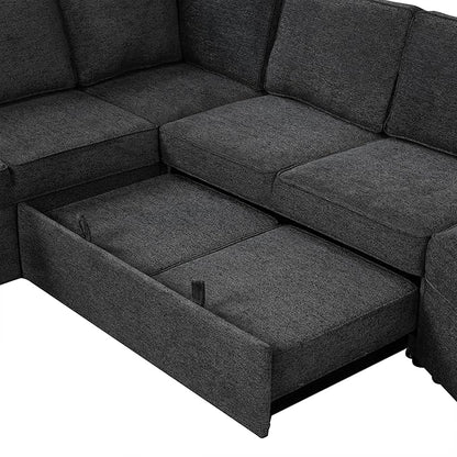 126" Extra Large Pull-Out Sofa Bed with Drop-Down Cup Holder Tables,L-Shaped Sectional Couch W/Charging Device,Convenient Sleeper Furniture Set for LivingRoom Apartment,Beige Chenille