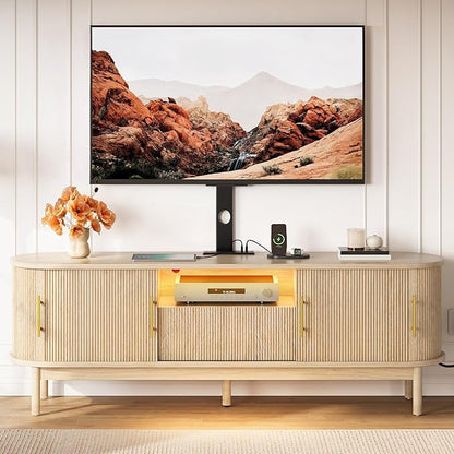 YITAHOME Fluted TV Stands for Living Room with Mount, Modern LED Entertainment Center for 75 Inch TVs, Curved TV Stand with Power Outlets & LED Light, Curved Profile Design, Natural Oak