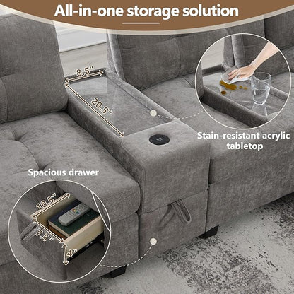 Merax 6 Seater Chenille Sectional Couches with 2 Acrylic Table Top Consoles, Upholstered Modular Tufted Sofa Chaise with Ottoman, Storage Drawers, Pockets, USB Charger & Cup Holders for Living Room