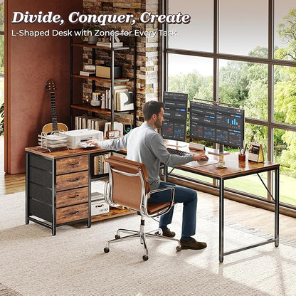 PRAISUN 61" L Shaped Desk with Power Outlets and USB-C Port, Reversible Computer Corner Office Desk with 4 Fabric Drawers and 2 Height-Adjustable Shelves, Large for Gaming Writing Study, Rustic Brown