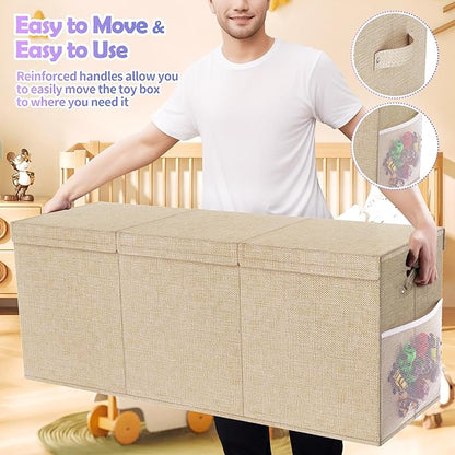 Extra Large Toy Box, Collapsible Sturdy Kids Toy Chest for Boys, Girls, 40"x14"x16" Storage Organizer Toddler Storage Bins with Lids, Toybox Basket for Living Room, Bedroom, Nursery, Beige