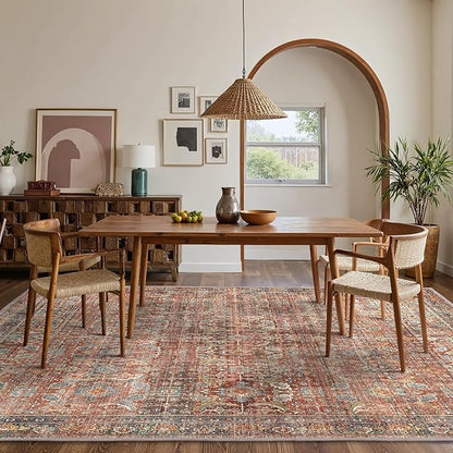 GENIMO 9x12 Area Rugs for Living Room, Machine Washable Non Slip Vintage Rugs, Low Pile Lightweight Chenille Print Rug for Bedroom, Dining Room, Home Office, Terracotta Indigo