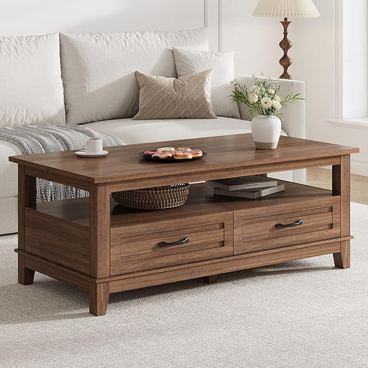 GarveeHome Farmhouse Coffee Table with Drawers, 47.2" Center Table Rustic Coffee Tables Walnut Center Table with Open Shelf, 6 Support Legs