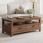 GarveeHome Farmhouse Coffee Table with Drawers, 47.2" Center Table Rustic Coffee Tables Walnut Center Table with Open Shelf, 6 Support Legs