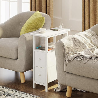 End Table with Charging Station, Narrow Side Table with 2 Fabric Drawers, Skinny Nightstand with LED Light, Slim Bedside Table for Bedroom, Living Room, Small Spaces, White