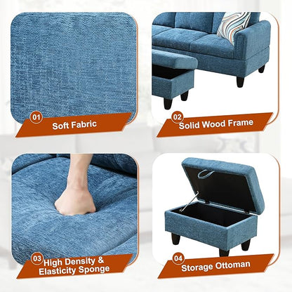 Osparple L Shaped Couch Sectional Couches for Living Room Upholstered Flannel 3 Pieces Modular Sectional Sofa with Chaise, Ottoman with Storage for Living Room and Small Apartment, Blue