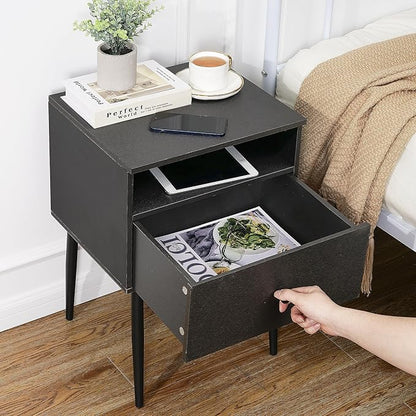 VECELO Modern Wood Night Stand,Square End Table Side Table with Drawer and Storage Space Gray Bedside Table for Bedroom Living Room Office