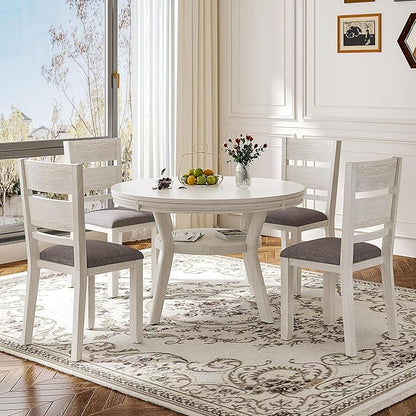 5-Piece Solid Wood Dining Table Set for 4, Round Kitchen Table Set with 4 Upholstered Chairs, Farmhouse Dining Sets for Kitchen, Dining Room, Rustic Grey