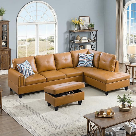 NicBex Sectional Couch 3 Pieces Sofa Set with Left Chaise Faux Leather L Shaped Cloud Couch for Living Room Furniture Sets with Storage Ottoman, Modular Sofa for Living Room & Apartment, Ginger Yellow