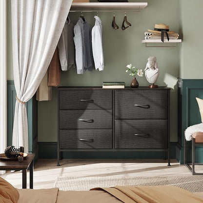 WLIVE Dresser for Bedroom with 5 Drawers, Wide Bedroom Dressers with Drawer Organizers, Chest of Drawers, Fabric Dresser for Living Room, Closet, Hallway, Charcoal Black