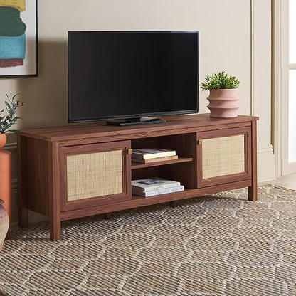 SAFAVIEH Evane TV Stand for up to 65" Flatscreen – Walnut & Natural, 2 Doors with Interior Storage, 2 Open Shelves, Entertainment Media Console (MED9629A)