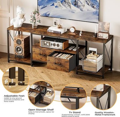 Homeiju TV Stand for TVs up to 75 Inch, Entertainment Center with Fabric Drawers, TV Media Console Table with Open Storage Shelves for Living Room, Bedroom, Rustic Brown