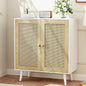 Rattan Storage Cabinet, Small Sideboard Buffets Storage Cabinet with Doors for Kitchen & Entryway Storage, White