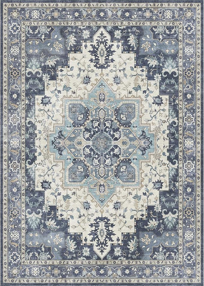 GENIMO 2x6 Runner Rugs for Hallway, Machine Washable Non Slip Vintage Rugs, Low Pile Lightweight Soft Print Rug for enrtyway, Corridor, Home Office, Kitchen, Center Blue