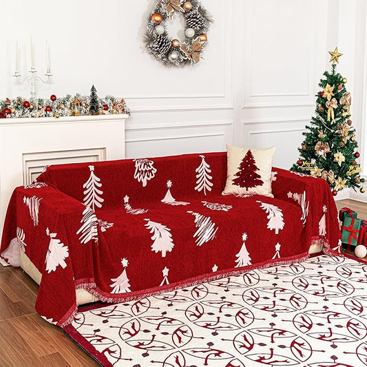 MYSKY HOME 71X134 inches Sofa Christmas Couch Cover, Sectional Sofa Covers Sofa Slipcover for 3 Cushion Couch, L Shape Couch Covers for Dogs, Kids, Washable Sofa Blanket, Furniture Protector, Red