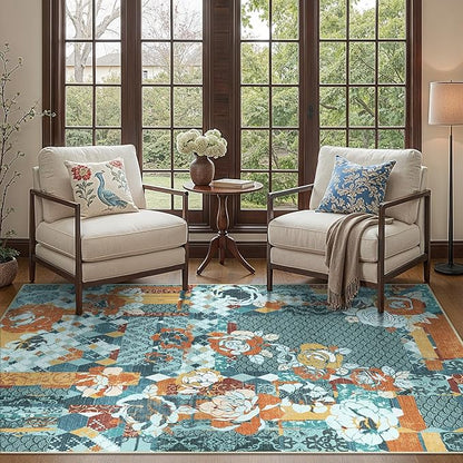 GENIMO 5X7 Floral Area Rugs for Living Room, Machine Washable Non Slip Vintage Patchwork Washable Rug, Ultra-Thin Low Pile Chenille Rugs for Bedroom, Dining Room, Navy Blue